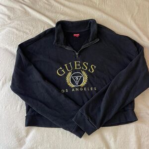 Guess Women's Black and Gold Quarter Zip Sweatshirt Medium